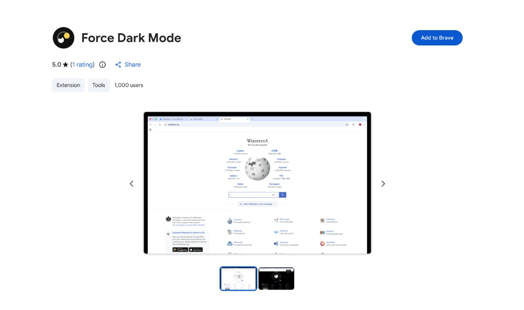 Chrome Web Store listing for Force Dark Mode, showing 1,000 users and a screenshot of Wikipedia.