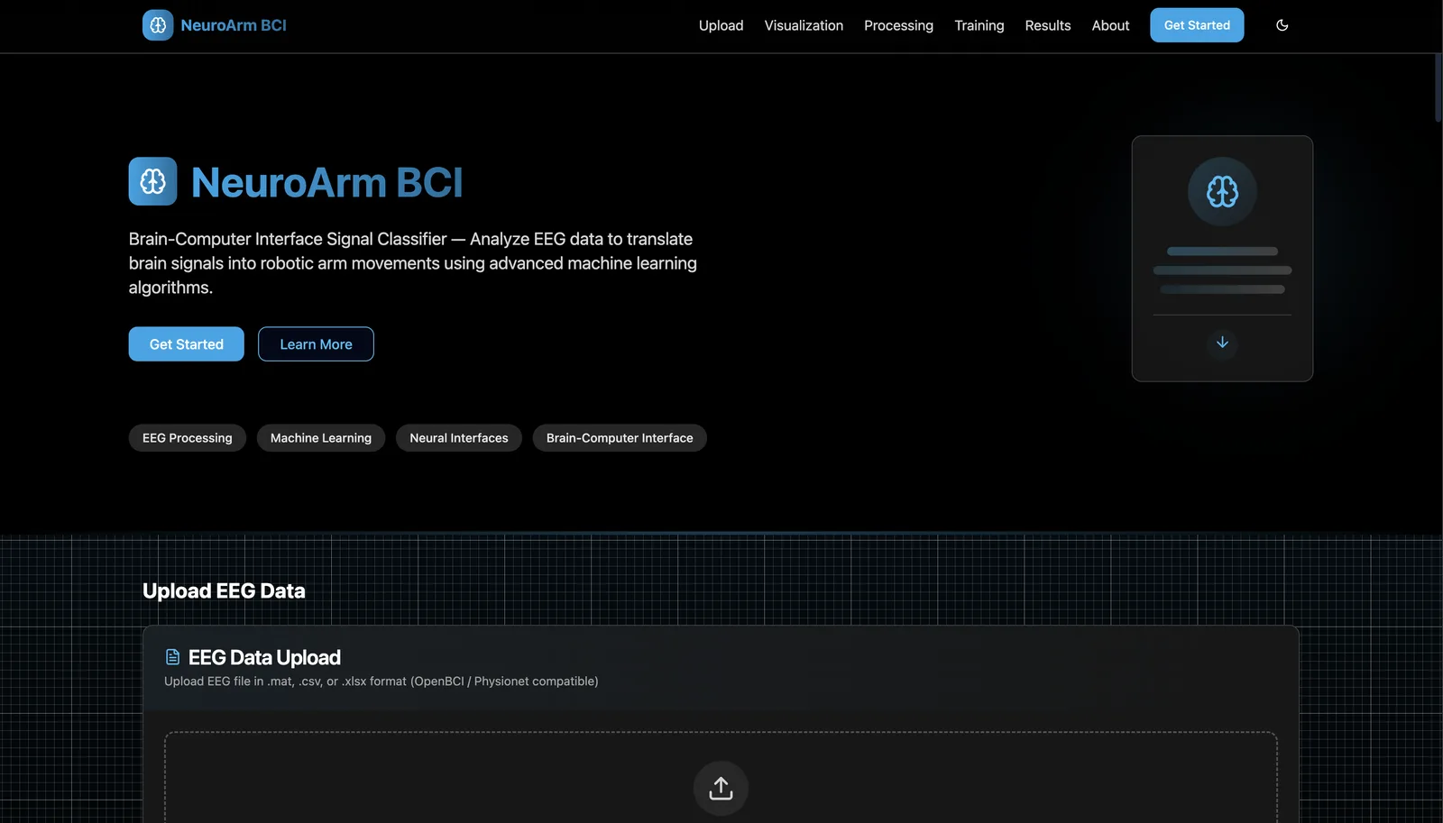 NeuroArm BCI web app: an EEG data upload area under a header describing the signal classifier.